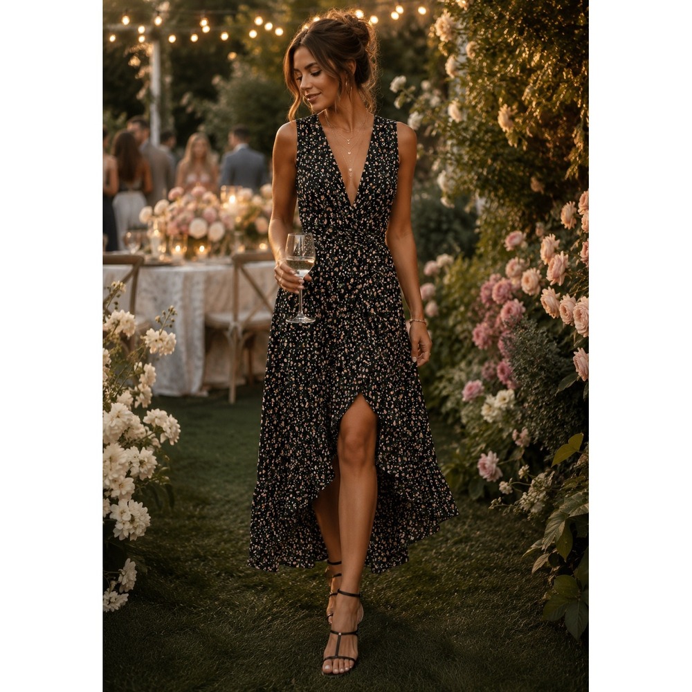 Lulus Women's M NWT Black Flowy Floral Ditsy‎ Sleeveless High-Low Maxi Dress